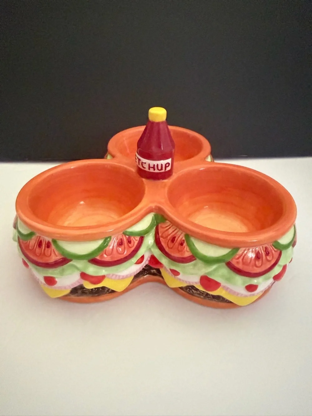 Ceramic Triple Dip Server Dish Cheeseburger with Ketchup Bottle